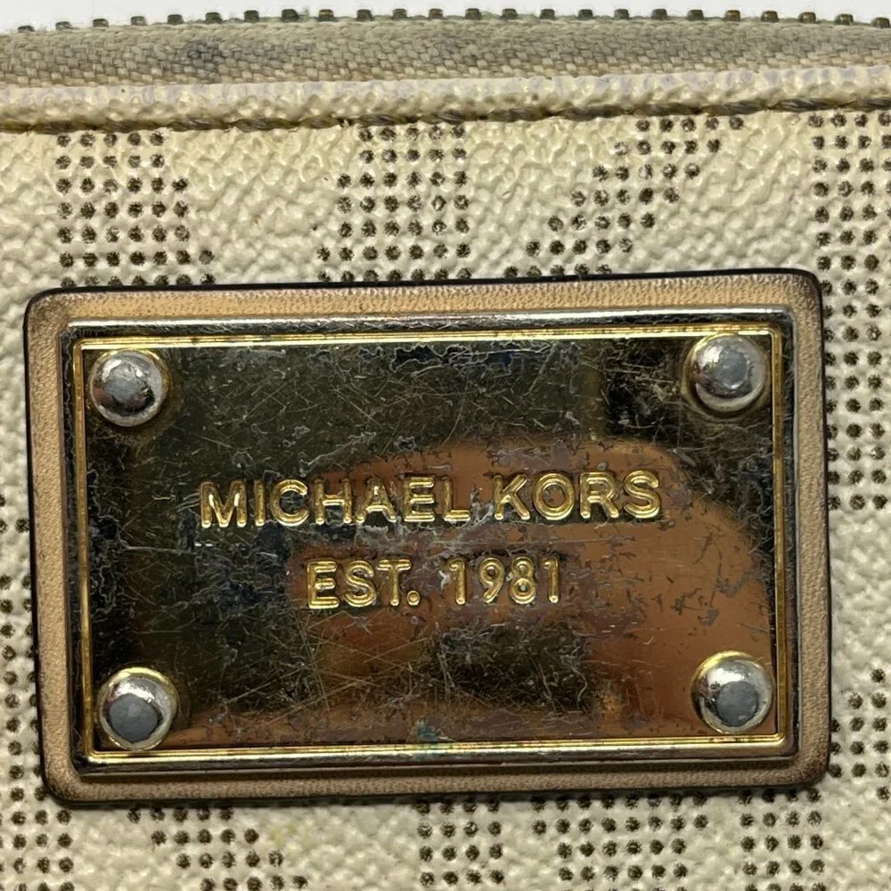 Michael Kors logo wallet cream brown distressed